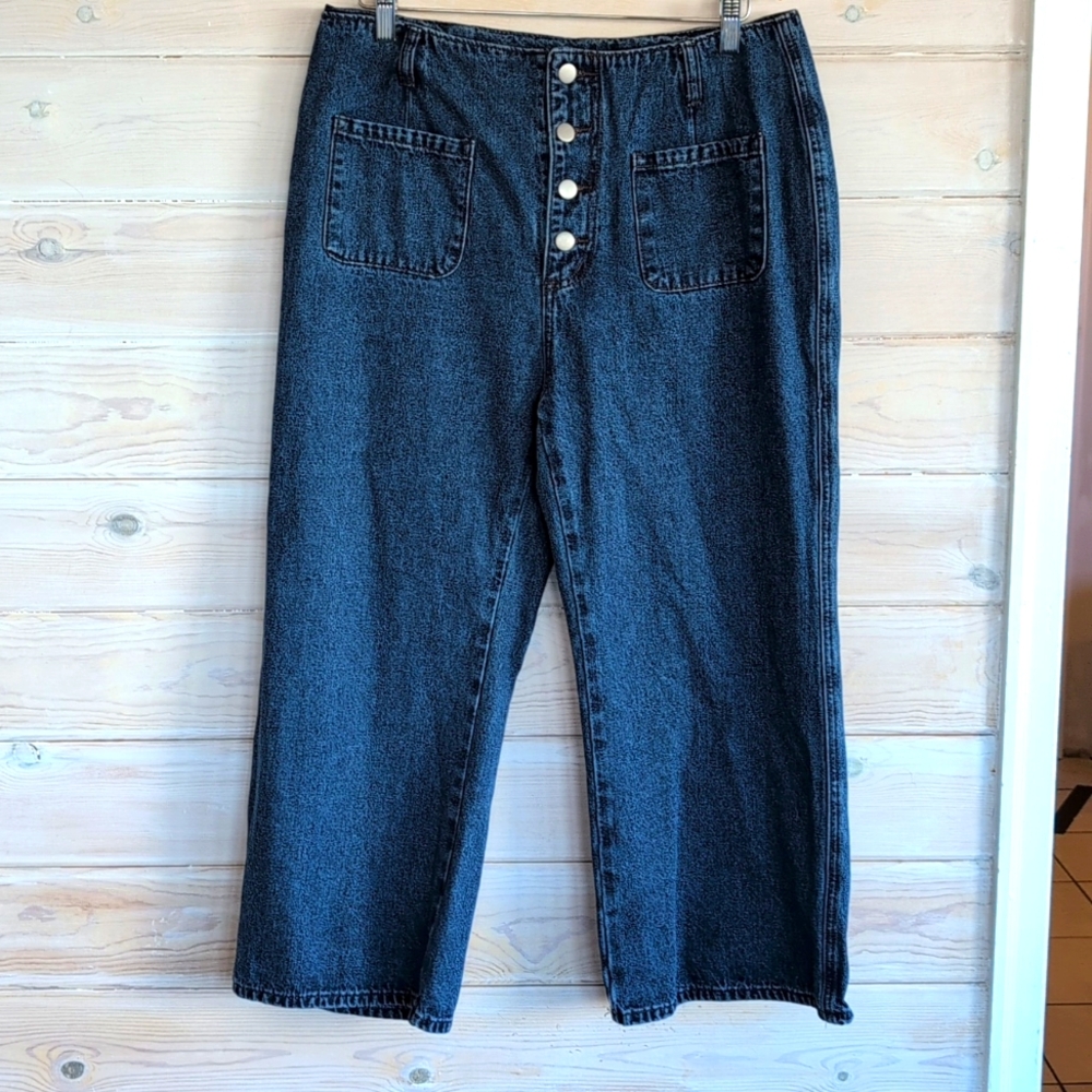 Vintage 70's Denim Jeans XXL Button Fly Wide Leg Cropped Front Patch Pockets EUC